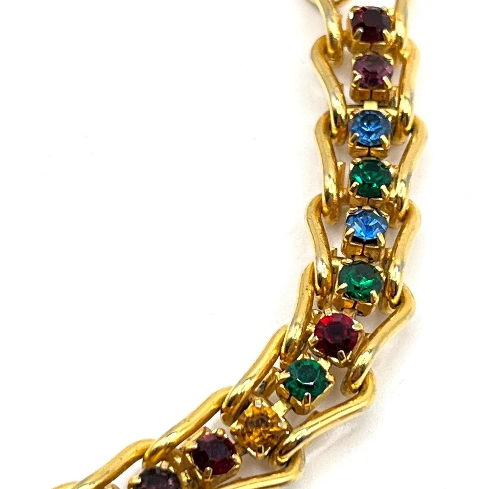 Vintage Rainbow Crystal Rhinestone Multicolor Gold Tone Chain Link Bracelet 6.5